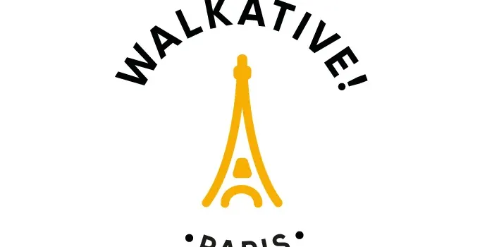Logo Walkative przedstawiające stylizowaną, pomarańczową Wieżę Eiffla z napisem 'WALKATIVE!' powyżej i 'PARIS' poniżej na bia