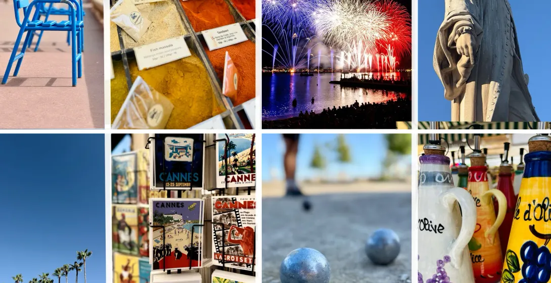 Collage von Cannes-Szenen: blaue Stühle, Gewürze, Feuerwerk, Statue, Palmen, Postkarten, Boule und Olivenölflaschen.