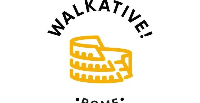 Logo Walkative! Rzym przedstawiające stylizowany, żółty obrys Koloseum na białym tle.