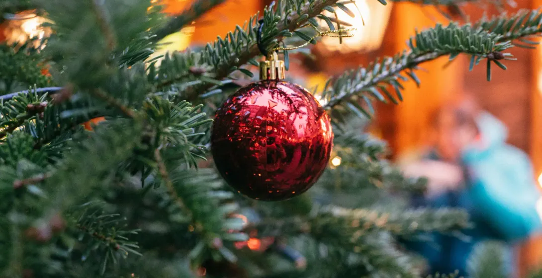 Rote Weihnachtskugel an einem Tannenzweig vor verschwommenen warmen Lichtern im Hintergrund.