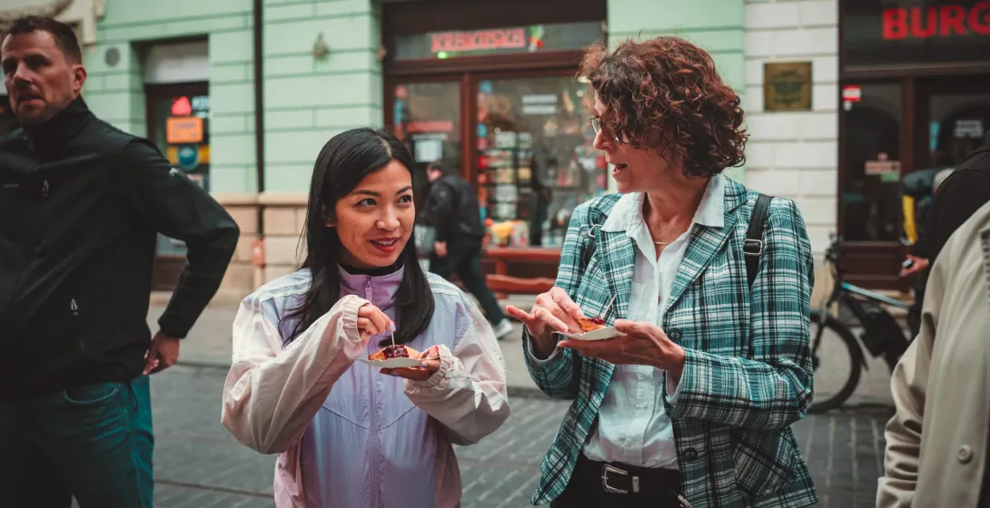 A food tour group in Krakow, Poland, enjoying local pastries.
