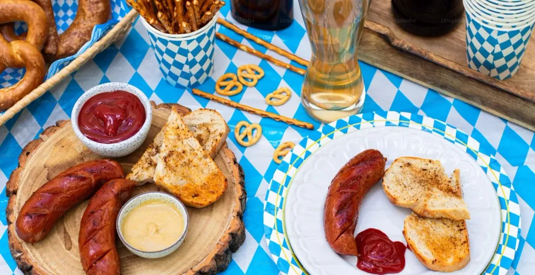 Delicious Bavarian food in Munich: sausages, pretzels, and beer.