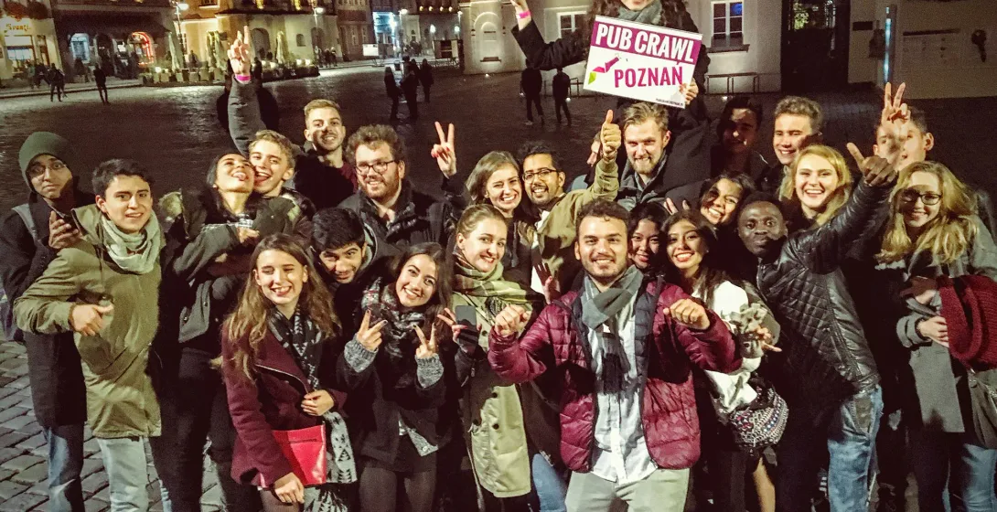 Happy tourists on a Poznan pub crawl.