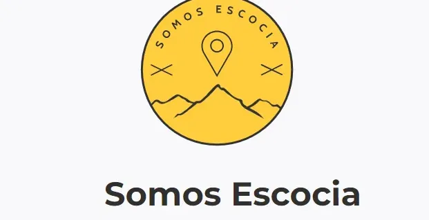 Logotipo de Somos Escocia: un círculo amarillo con montañas y un pin de ubicación.