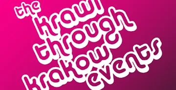 Logo „The Krawl Through Krakow Events” z białym napisem na różowym gradiencie tła.