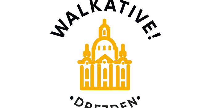 Logo for a walking tour, featuring a stylized building.