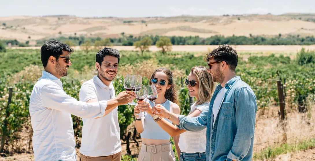 Un grupo de amigos brinda con copas de vino tinto en un viñedo soleado cerca de Madrid.