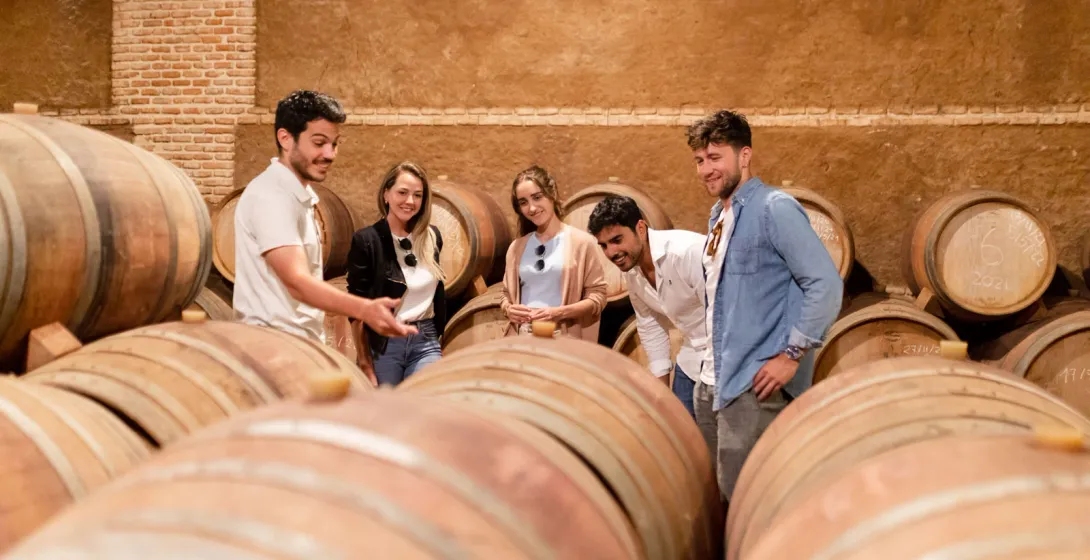 Un grupo de turistas en una bodega, rodeados de docenas de barriles de madera apilados contra las paredes.