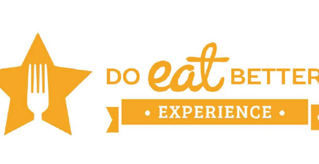 Logo con una estrella amarilla que contiene un tenedor blanco, y el texto naranja 'DO eat BETTER • EXPERIENCE •'.