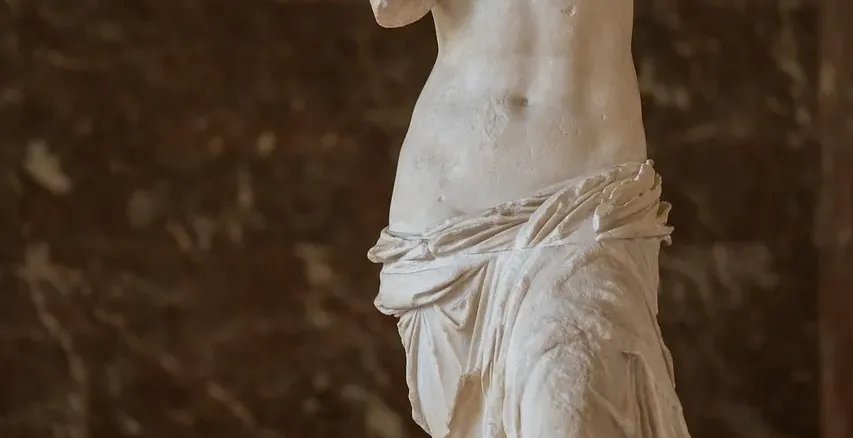 White marble statue of Venus de Milo with no arms, partially draped, standing against a dark brown marbled wall.