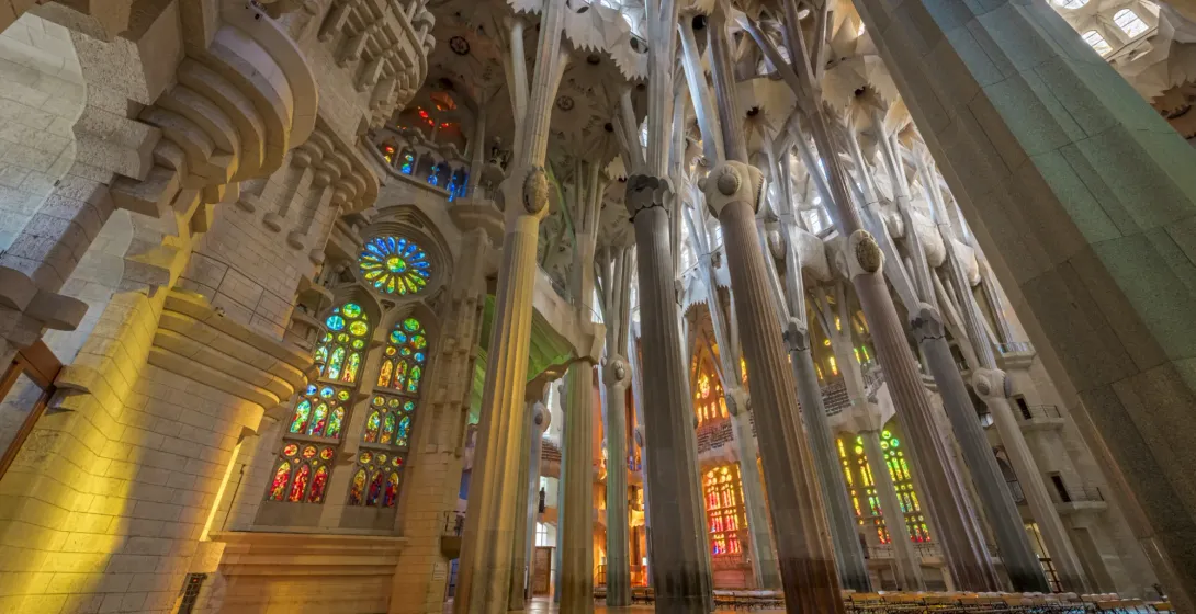 Interior of Sagrada Família with towering columns resembling trees, intricate vaulted ceilings, and colorful stained-glass wi