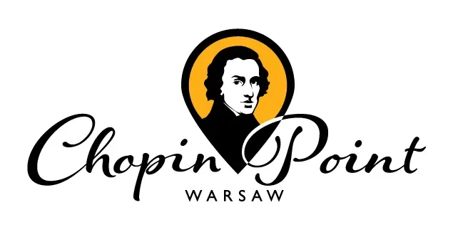Chopin Point Warschau Logo mit schwarzer Silhouette von Frédéric Chopins Kopf in einem orange-schwarzen Kartenpin-Symbol.