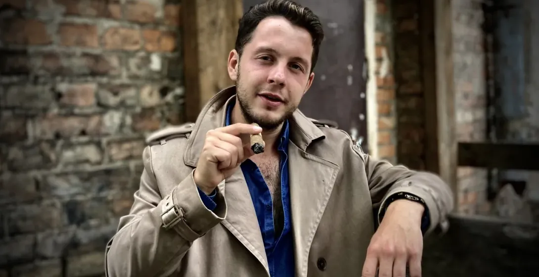 Young man in a beige trench coat and blue shirt holding a lit cigar, standing in front of an old brick wall.