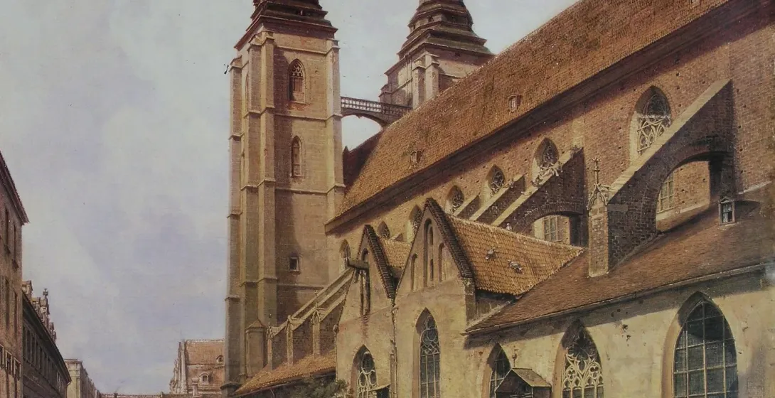 Historyczny obraz Kolegiaty św. Marii Magdaleny we Wrocławiu, z dwoma wieżami, łączącym mostkiem i sceną uliczną z ludźmi.