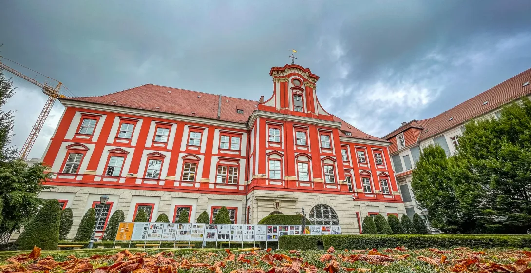 Herbstblätter vor einem wunderschönen Barockgebäude in Wrocław, Polen.