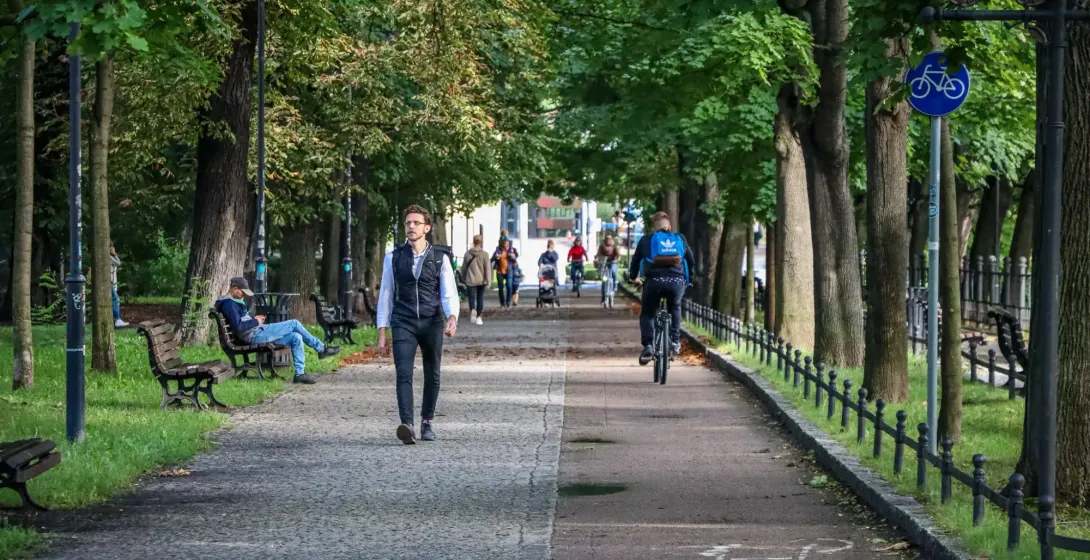 A wide park pathway with a pedestrian section and a bicycle lane, lined with green trees. People are walking, cycling, and...