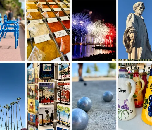 Collage que muestra Cannes: sillas azules, especias, fuegos artificiales, una estatua, postales y petanca.