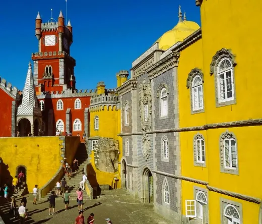 Pena Palace in Sintra with tourists.