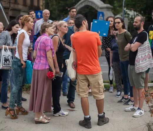A guided walking tour in Bucharest, Romania.