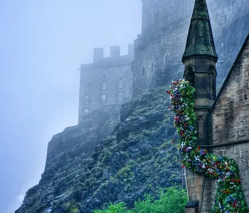 Castillo de Edimburgo envuelto en niebla, con un edificio decorado con flores en primer plano.