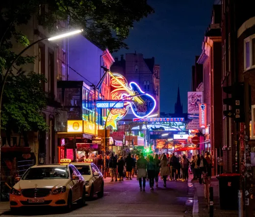 Vibrant nightlife on Grosse Freiheit street in Hamburg, Germany.