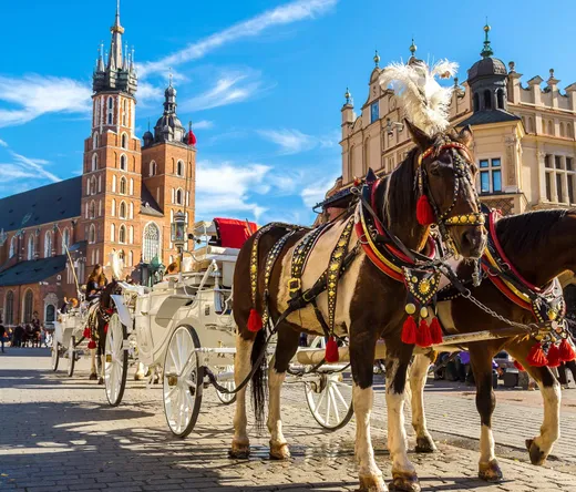 Pferdekutschen auf dem Krakauer Hauptmarkt mit der Marienkirche im Hintergrund.