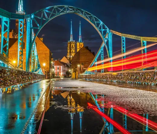 Tumski Bridge at night in Wroclaw, Poland.