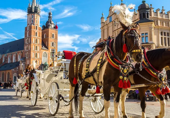 Powozami konnymi na krakowskim Rynku Głównym z Bazyliką Mariacką w tle.