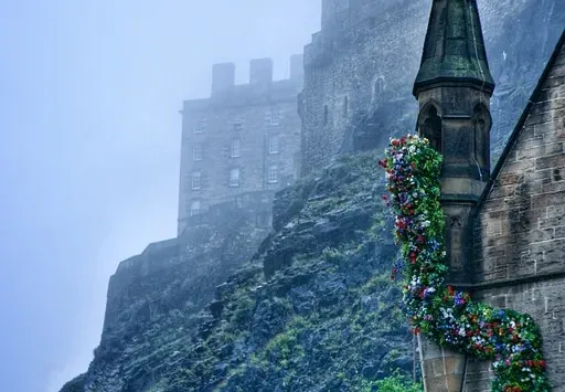 Castillo de Edimburgo envuelto en niebla, con un edificio decorado con flores en primer plano.