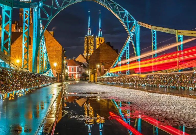 Tumski Bridge at night in Wroclaw, Poland.