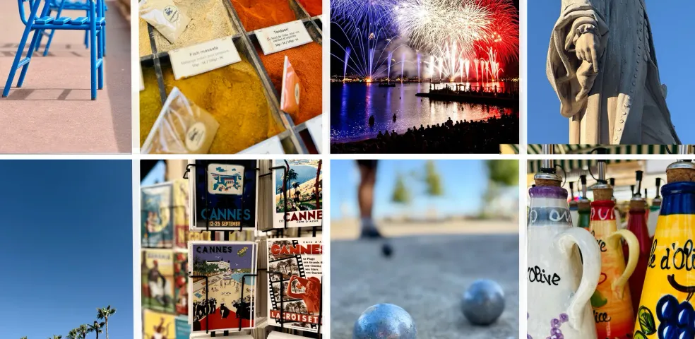 Collage of Cannes scenes: blue chairs, spices, fireworks, statue, palm trees, postcards, pétanque, olive oil bottles.