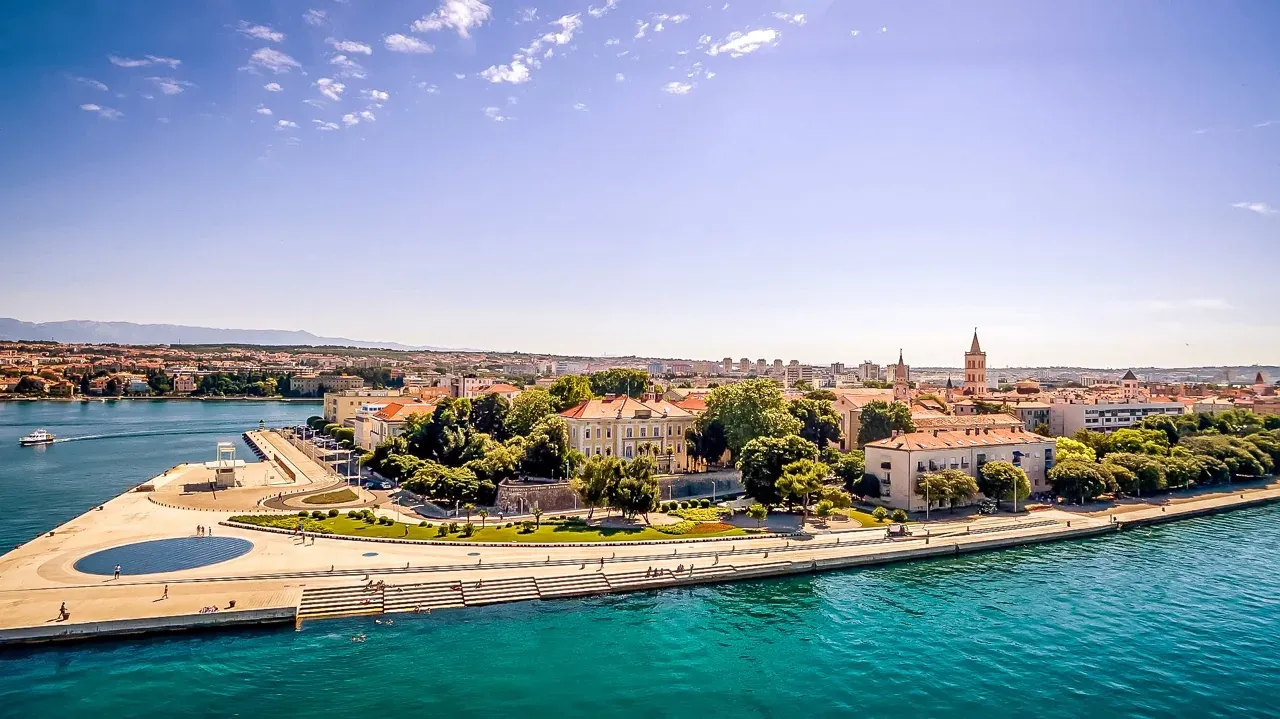 Aerial view of Zadar's stunning waterfront promenade.
