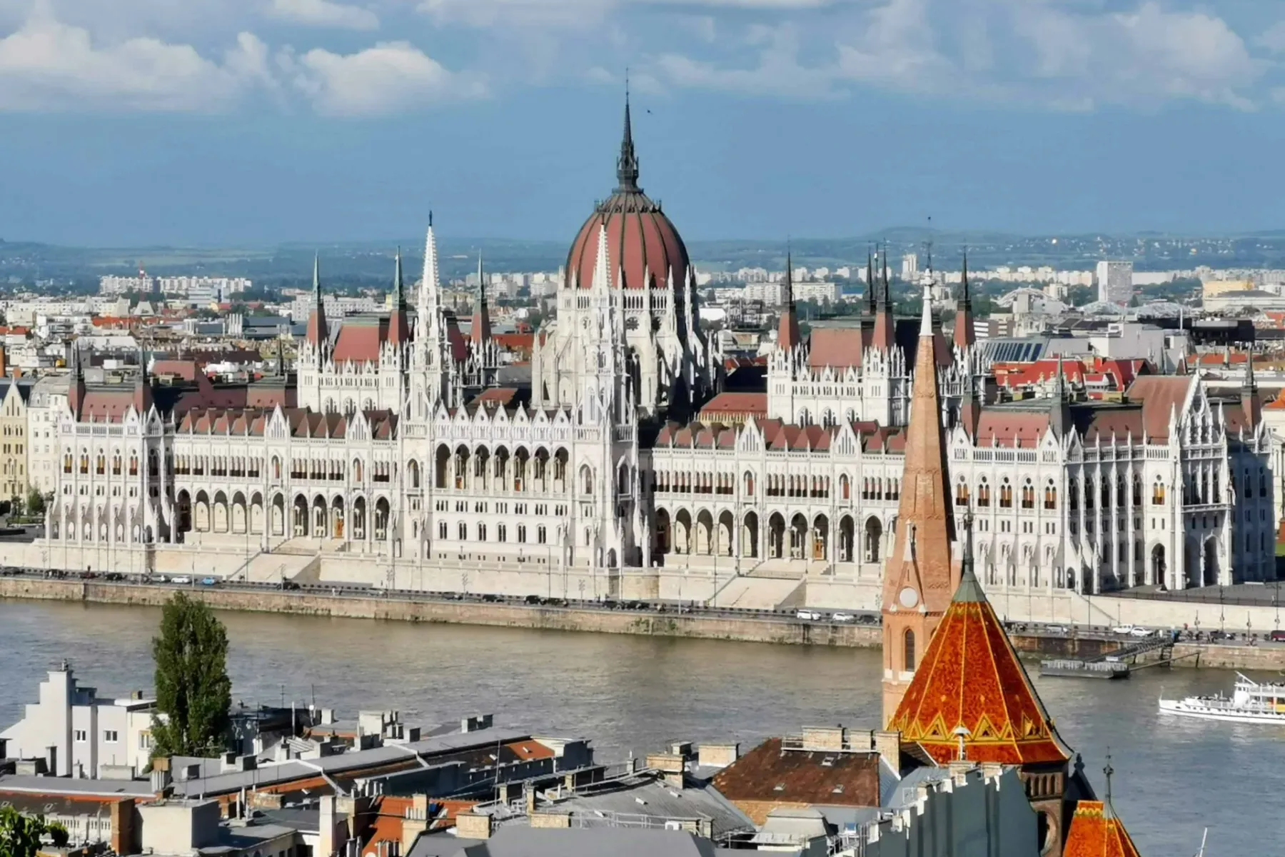The Hungarian Parliament Building on the Danube River, with its dome and spires, and the city skyline under a cloudy sky.