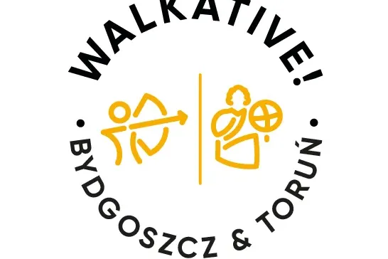 Rundes Walkative-Logo für Bydgoszcz & Toruń mit orangefarbenen Liniensymbolen: einem Bogenschützen und einer Figur mit Glo...