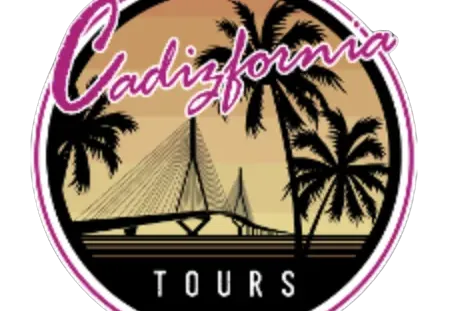 Okrągłe logo z napisem 'Cadizfornia Tours', ukazujące zachód słońca, sylwetki palm i most wantowy.