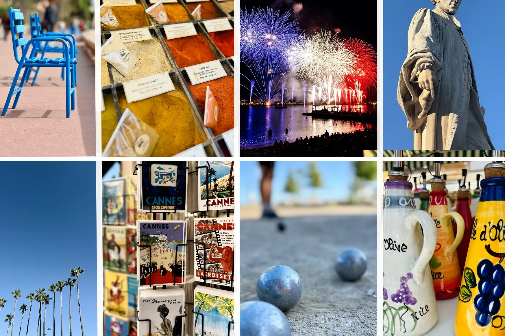 Collage von Cannes-Szenen: blaue Stühle, Gewürze, Feuerwerk, Statue, Palmen, Postkarten, Boule und Olivenölflaschen.