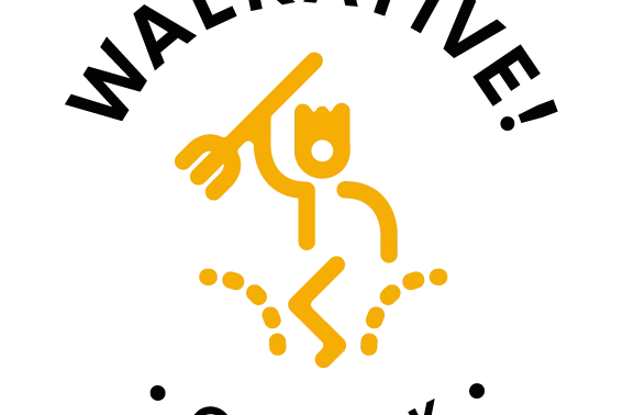 Pixeliges Walkative-Logo mit einer stilisierten orangefarbenen Figur, die einen Stab hält, dazu 'WALKATIVE' oben und 'TOUR...
