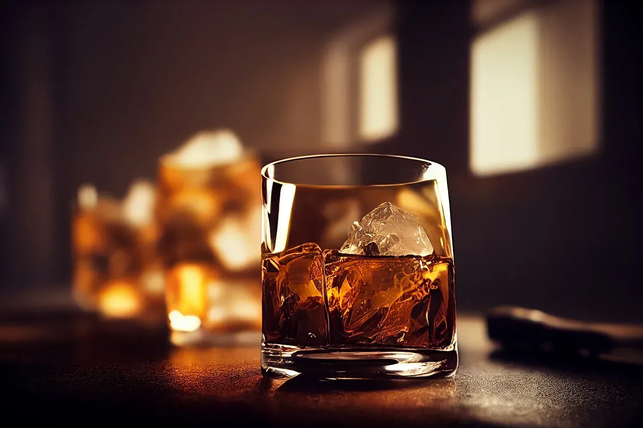 Primer plano de un vaso con líquido ámbar y cubitos de hielo sobre una superficie oscura, con vasos borrosos al fondo.