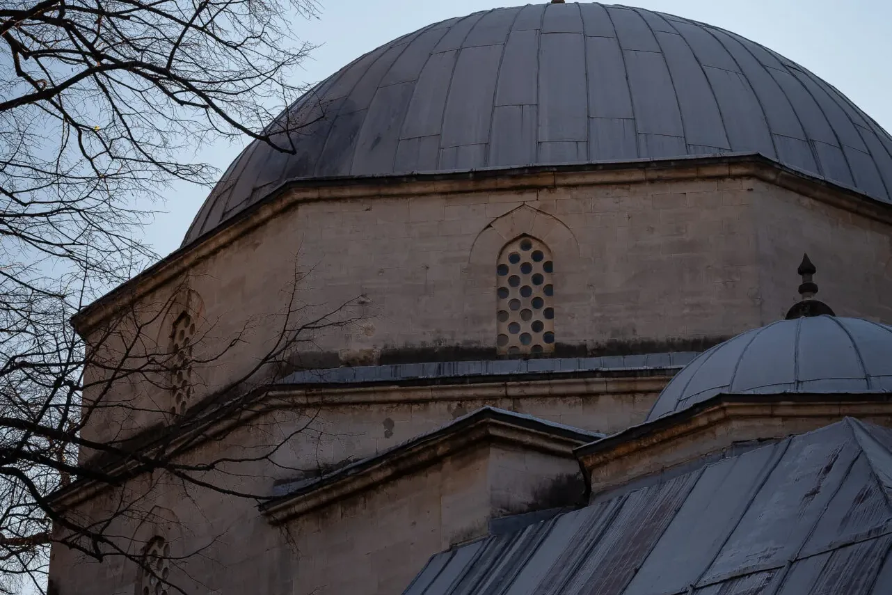 Zbliżenie kamiennego meczetu z dużą szarą kopułą i okrągłymi oknami, otoczonego nagimi gałęziami drzew na tle błękitnego n...