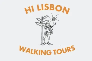 Cartoon-Logo mit einem fröhlichen Reisenden, Rucksack und Wegweiser. Text: 'HI LISBON WALKING TOURS'.