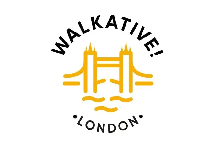 Logo Walkative Londyn z pomarańczowym zarysem Tower Bridge, napisem „WALKATIVE!” u góry i „LONDON” u dołu.