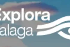 Logo Explora Malaga z białym tekstem na niebieskim tle i stylizowanym symbolem oka.