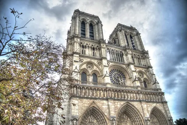 Front facade of Notre Dame Cathedral in Paris, showing twin towers, rose window, and gothic arches, with tree branches.