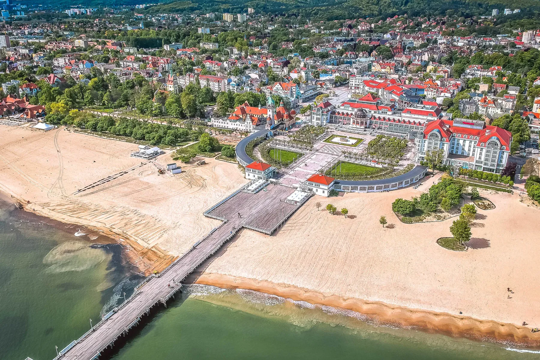 Aerial view of Sopot, Poland, showcasing its beautiful beach, pier, and cityscape.