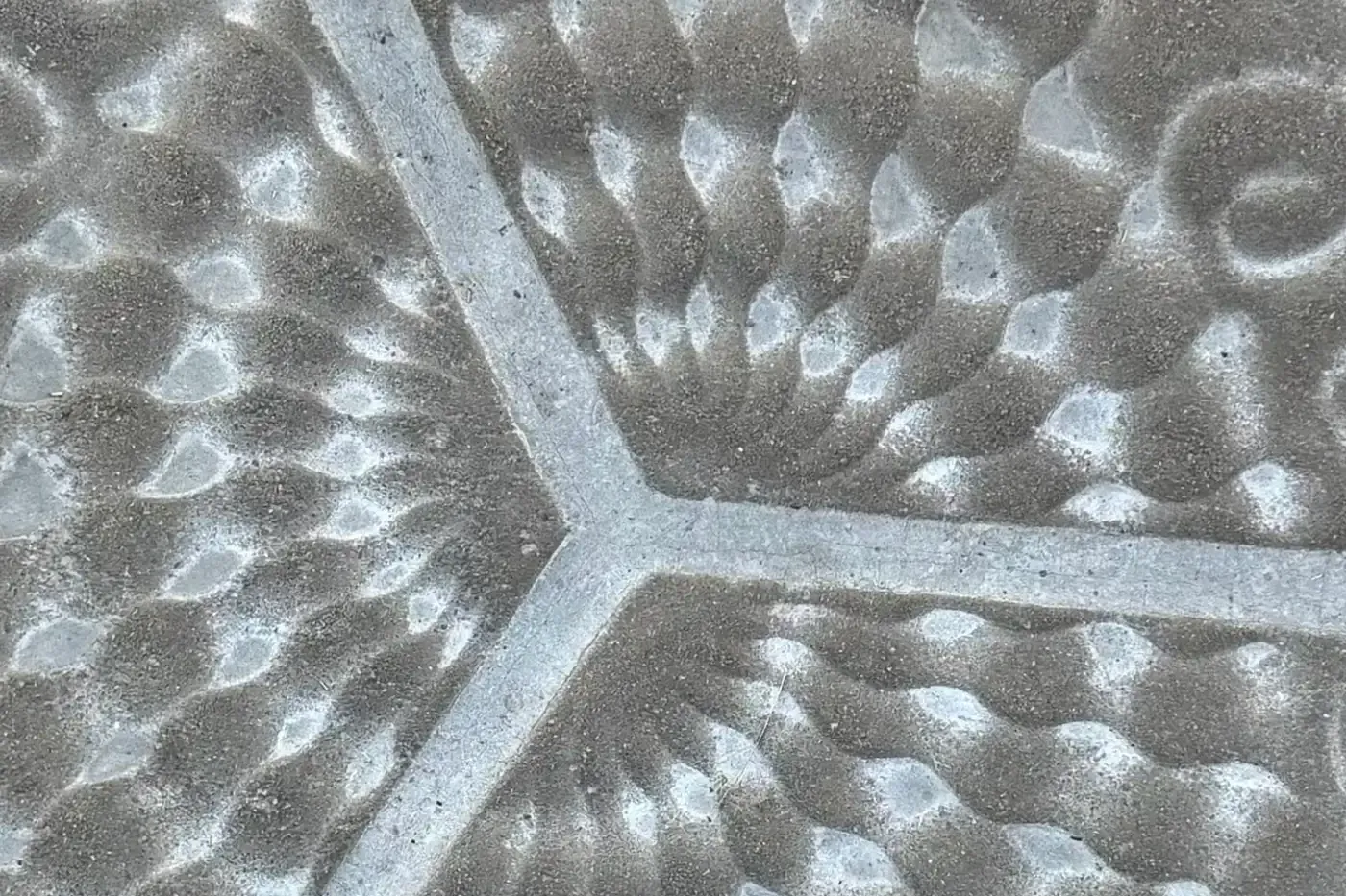 Primer plano de una baldosa hexagonal decorativa gris con patrones orgánicos, escamas y puntos.