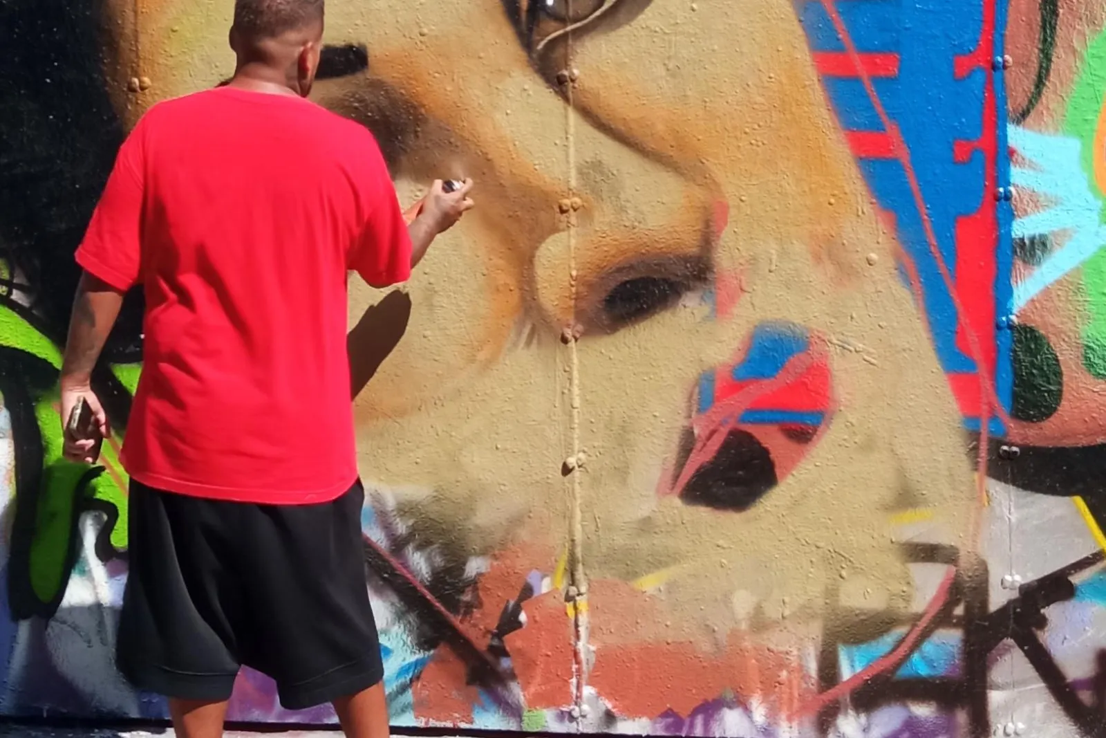 Eine Person in rotem T-Shirt sprüht ein großes Wandgemälde eines Frauengesichts auf eine mit Graffiti bedeckte Wand. Sprüh...