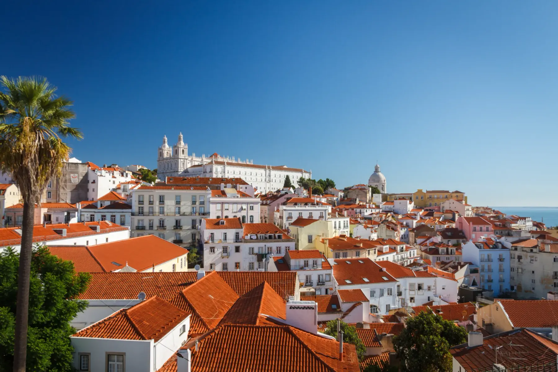 Rote Ziegeldächer im Lissaboner Viertel Alfama mit dem weißen Kloster São Vicente de Fora unter blauem Himmel.