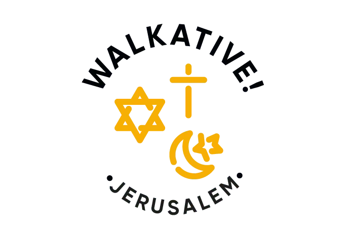 Logotipo de Walkative con una Estrella de David dorada, cruz cristiana y luna creciente islámica con estrella, y texto 'Je...