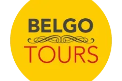 Logo circular amarillo con 'BELGO' en gris, 'TOURS' en rojo y una línea ornamental negra que separa las palabras.