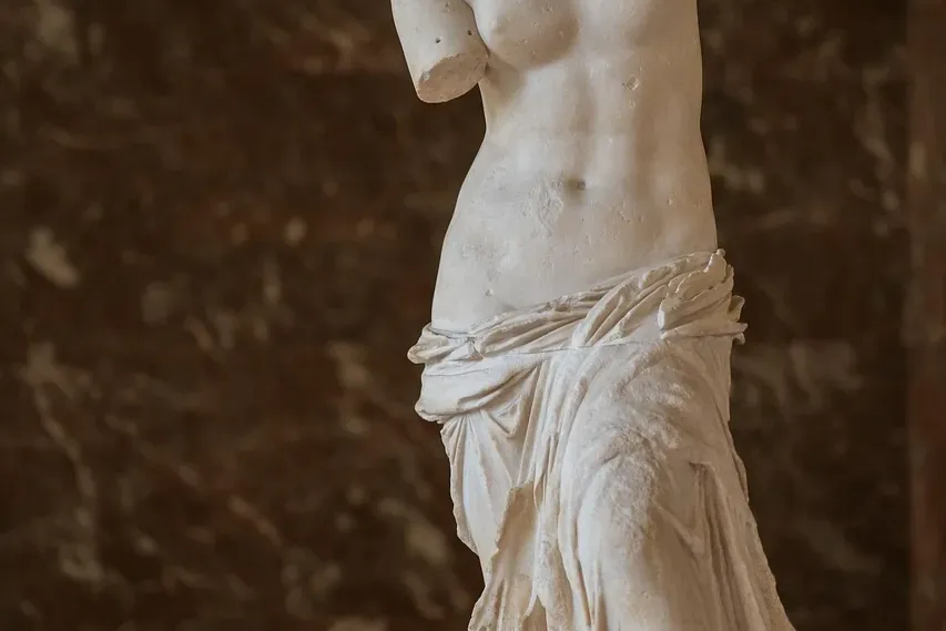 White marble statue of Venus de Milo with no arms, partially draped, standing against a dark brown marbled wall.